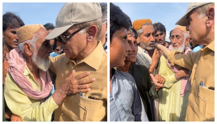 Prime Minister Shehbaz Sharif meets flood affectees during his visit to Balochistan, on July 30, 2022, after heavy rains wreaked havoc in the province. — APP