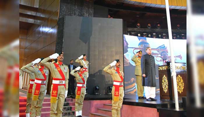 Prime Minister Shehbaz Sharif unveils newly re-recorded national anthem at the at Jinnah Convention center in Islamabad. Photo: Courtesy PM Office
