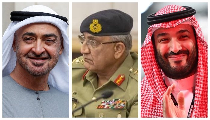 (L to R) UAE President Sheikh Mohammed bin Zayed al-Nahyan, Army chief Gen Qamar Javed Bajwa, and Saudi Crown Prince Mohammed bin Salman. — Reuters/Twitter/File