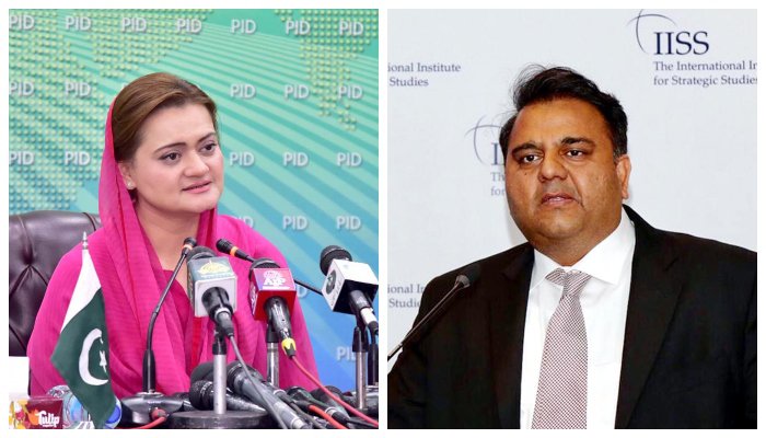 PTI Senior Vice Chairman Fawad Chaudhry (right) and Information Minister Marriyum Aurangzeb. — PID/File