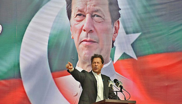 Former prime minister Imran Khan gestures during his address to PTI supporters in Karachi, Pakistan, on March 9, 2022. — APP