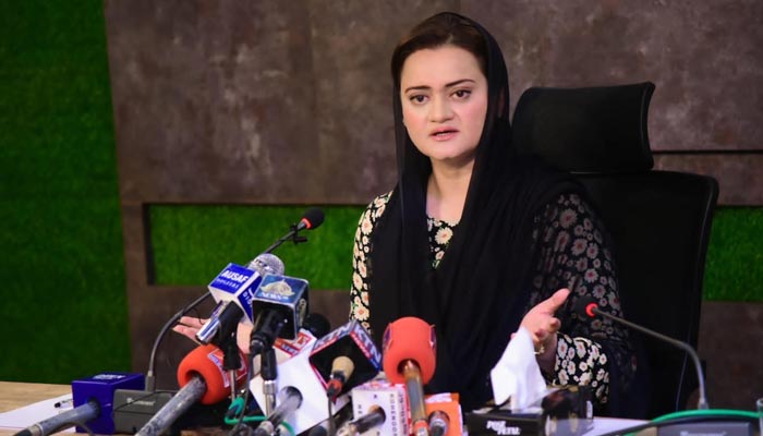 Information Minister Marriyum Aurangzeb addresses a press conference in Islamabad on August 20, 2022. — PID