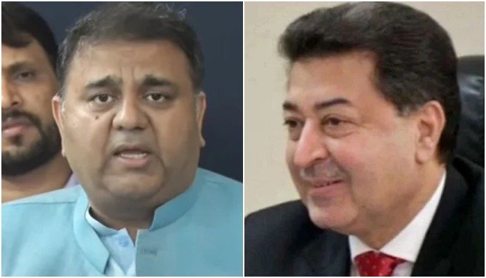 Image collage featuring PTI leader Fawad Chaudhry (L) and Chief Election Commissioner (CEC) Sikandar Sultan Raja. — Screengrab from YouTube/HumNewsLive and Pakistan Railways