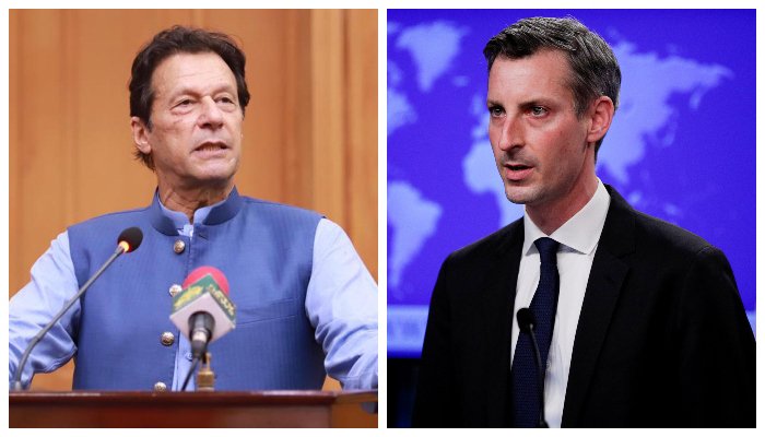 Former prime minister and PTI Chairman Imran Khan addresses an inauguration ceremony event in Peshawar on September 28, 2020 (left) and US State Department Spokesman Ned Price speaks to reporters during a news briefing at the State Department in Washington, US, March 1, 2021. — PID/Reuters