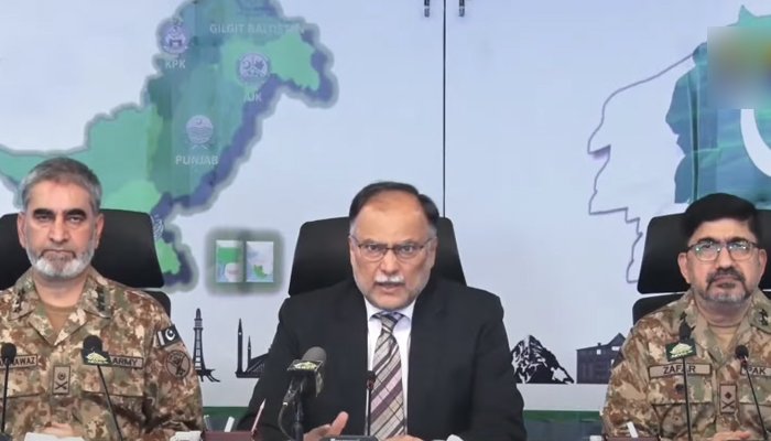 Minister for Planning, Development, and Special Initiatives Ahsan Iqbal addressing a press conference alongside military officials in Islamabad, on September 20, 2020. — YouTube/PTV News