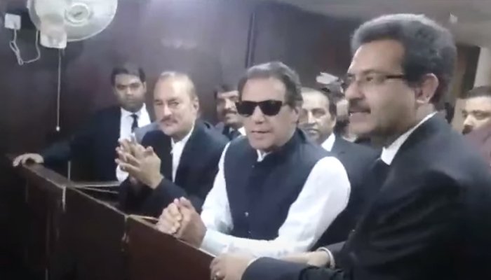 Screengrab of a video of Imran Khans appearance before Zeba Chaudhrys court. — Twitter