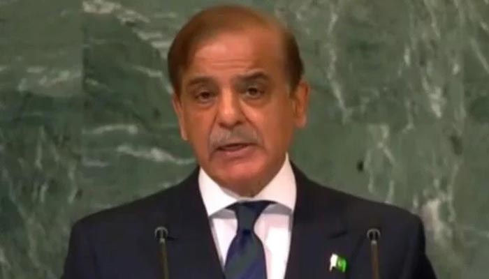 Prime Minister Shehbaz Sharif addressing the 77th United Nations General Assembly (UNGA) session in New York, United States on September 23, 2022. — YouTube screengrab/PTV News Live