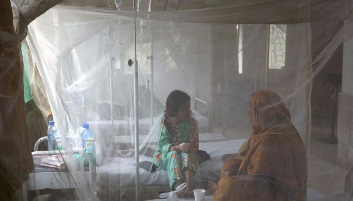A patient suffering from dengue fever chats with a woman while sitting under a mosquito net inside a dengue and malaria ward at the Sindh Government Services Hospital in Karachi, Pakistan September 21, 2022. — Reuters/File