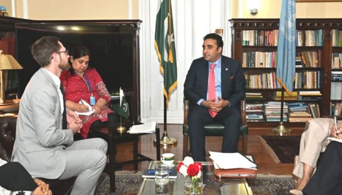 US Special Representative on Afghanistan Thomas West (left) and FM Bilawal Bhutto-Zardari during a meeting in New York on September 19. — Twitter/MOFA