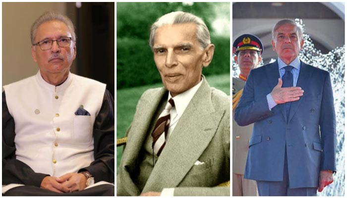 President Dr Arif Alvi (L), Quaid-e-Azam Muhammad Ali Jinnah (C), and Prime Minister Shehbaz Sharif. — AFP/Twitter/File