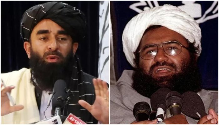 Taliban spokesperson Zabihullah Mujahid and head of the Jaish-e-Mohammed Maulana Masood Azhar. — Reuters/AFP