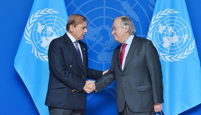 Prime Minister Shehbaz Sharif shakes hands with UN Secretary-General Antonio Guterres ahead of their meeting at UN HQs on the sidelines of 77th session UN General Assembly on September 22, 2022. — PID