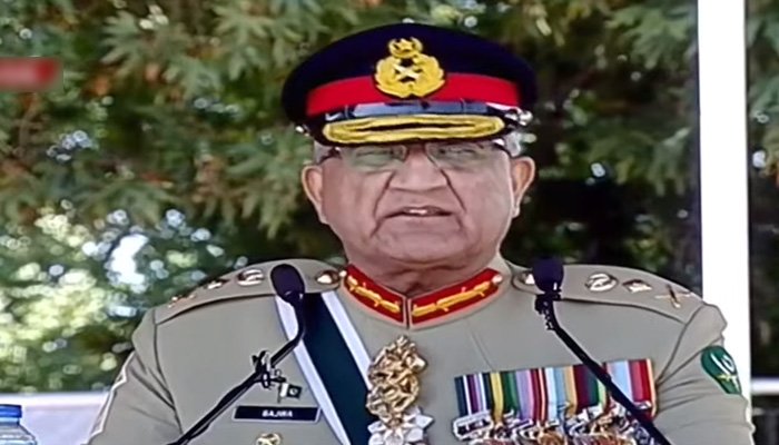 COAS General Qamar Javed Bajwa addressing the passing out ceremony of the 146th PMA Long Course held at PMA, Kakul on Saturday. Screengrab