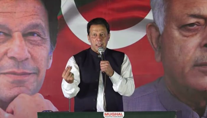 PTI Chairman Imran Khan addressing public gathering in Taxila. —Screen grab PTI YouTube