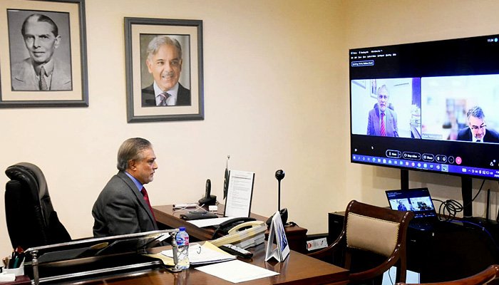 Federal Minister for Finance Ishaq Dar Ismail holds a virtual meeting with IMF Mission Chief Mr Nathan Porter. -APP