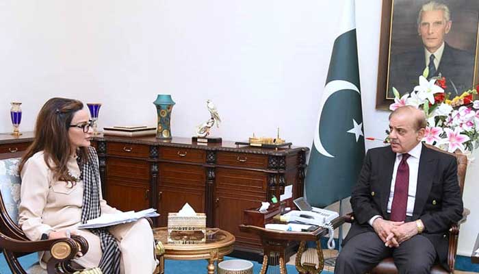 Federal Minister for Climate Change Sherry Rehman calls on Prime Minister Shehbaz Sharif in Islamabad on October 18, 2022. — APP