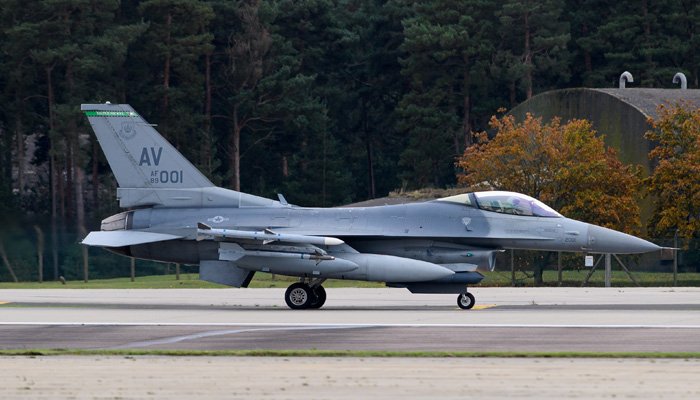 AV 89-001 US Air Force General Dynamics F-16 Fighting Falcon lights the afterburner to take off from RAF Lakenheath, England on 5 October 2020. -Reuters