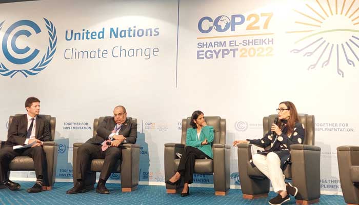 Minister for Climate Change Senator Sherry Rehman speaks during a panel discussion in Sharm el-Sheikh, Egypt. — Ministry of Climate Change