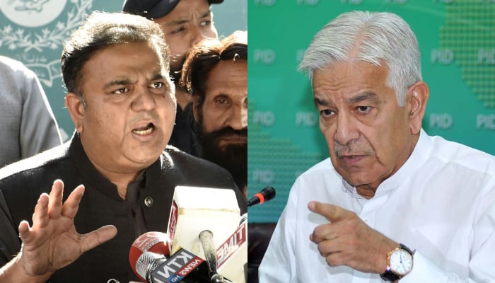 PTI Fawad Chaudhry speaks to journalists in Islamabad on October 21, 2022 (left) and Defence Khawaja Asif addressing a press conference in Islamabad on July 21, 2022 — Online/APP