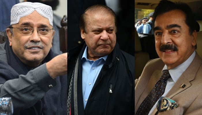 Former president Asif Ali Zardari, PML-N supremo Nawaz Sharif and PP Senator Yousuf Raza Gilani. — AFP/Files