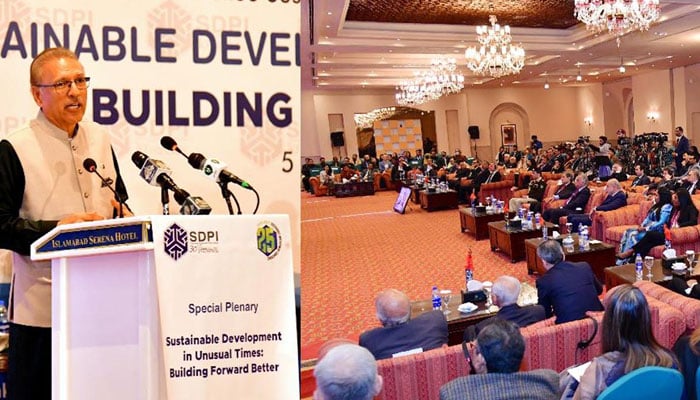 President Arif Alvi addressing a conference on Sutainable Development in Unusual Times in Islamabad on December 8, 2022. PID