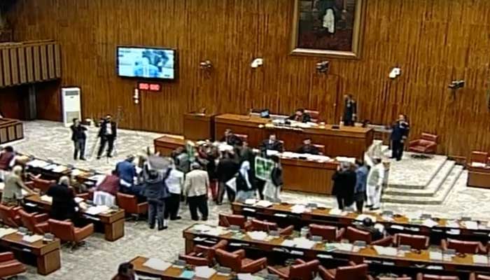 Chaos and protests ensued in the Senate as members approve the Foreign Investment (Promotion and Protection) Bill, 2022. — Screengrab/YouTube/PTV Parliament