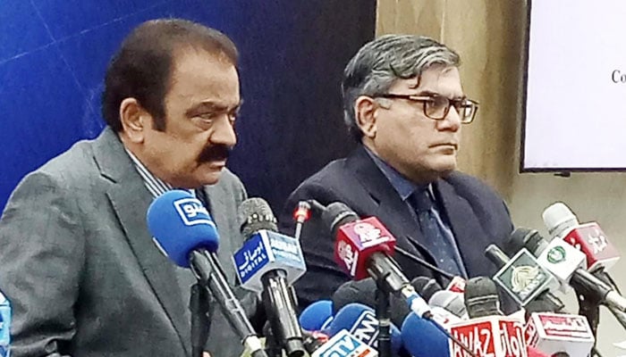 Rana Sanaullah addressing a press conference on December 31, 2022. PID/File