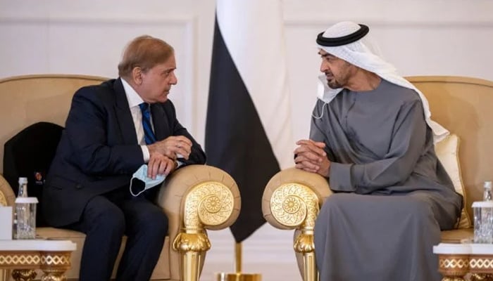 PM Shehbaz Sharif in meeting with UAEs Sheikh Mohamed Bin Zayed Al Nahyan. — PMO/ File