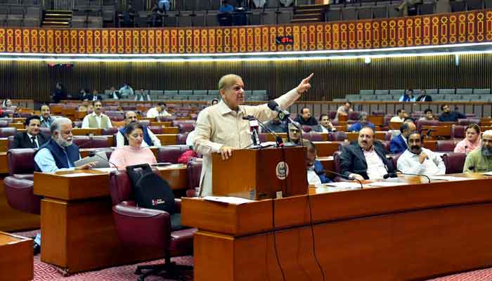 Prime Minister Shehbaz Sharif addresses during a National Assembly Session held on May 26, 2022. —PPI/File