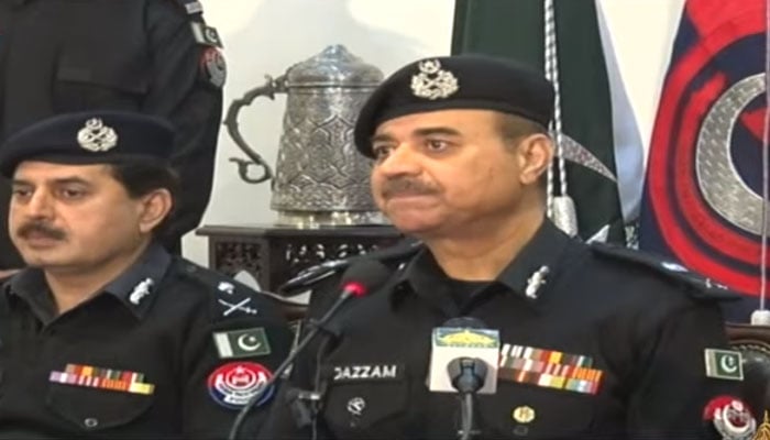Khyber Pakhtunkhwa (KP) Inspector General of Police Moazzam Jah Ansari addressing a press conference on February 2, 2023. — Screengrab/PTV News