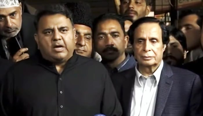 Former PML-Q leader Parvez Elahi addresses a press conference in Lahore alongside PTI Senior Vice President Fawad Chaudhry, on February 21, 2023, in this still taken from a video. — Twitter/PTI