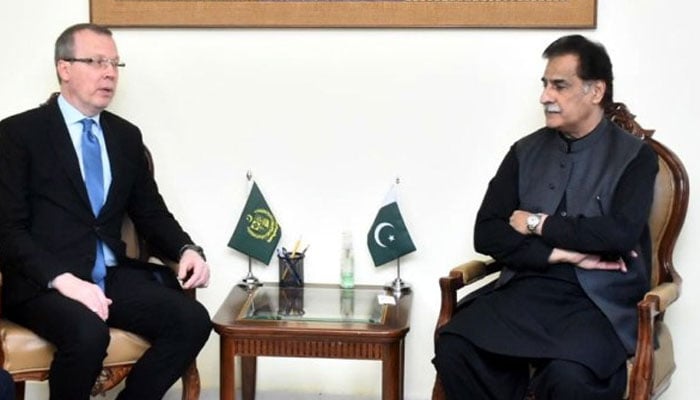 Federal Minister for Economic Affairs Sardar Ayaz Sadiq (right) with Russian Ambassador to Pakistan Manila Ganich in Islamabad on February 15, 2023. — APP