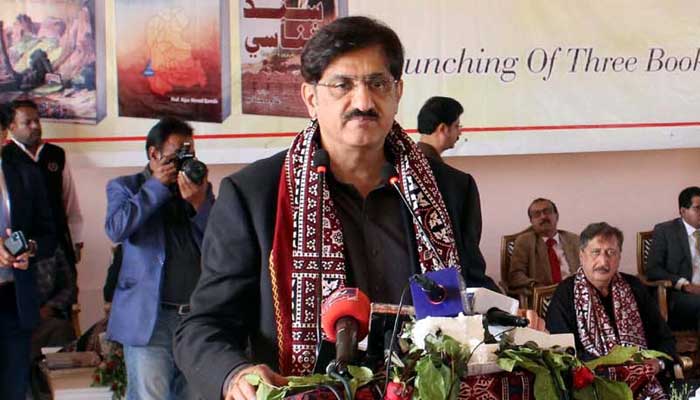 Sindh Chief Minister Syed Murad Ali Shah addresses inauguration ceremony of website and launch of three books at the M.H Panhwar Institute of Sindh Studies in Hyderabad on Tuesday, January 17, 2023. — PPI