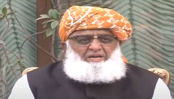 Pakistan Democratic Movement (PDM) President Maulana Fazlur Rehman addresses the press conference on March 5, 2023, in this still taken from a video.— YouTube/GeoNewsLive