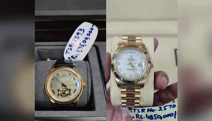 The combo shows L.U. Chopard watch worth Rs17.5 million (L) and Rolex watch worth Rs4.85 million.—Geo.tv/file