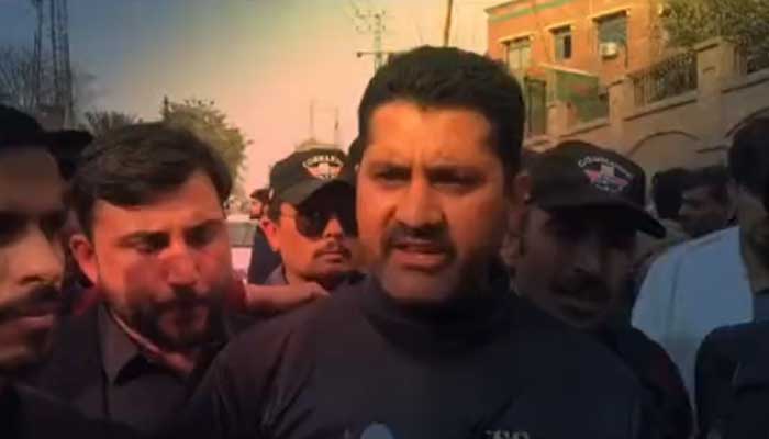 Frontier Reserve Police personnel Constable Jamshed speaks during a protest, in this still taken from a video. — Photo by reporter