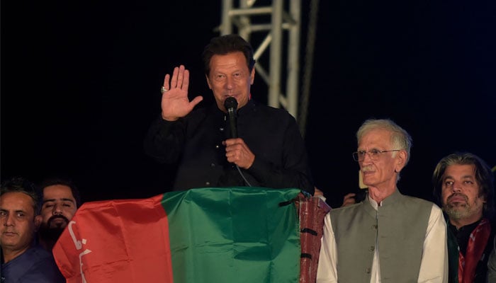 PTI chief Imran Khan addressing a public rally. — AFP/File