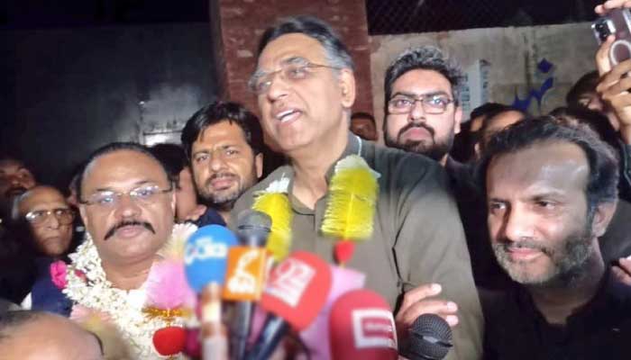 PTI Secretary General Asad Umar speakers to media after being released from Rajanpur Jail. — AFP/File