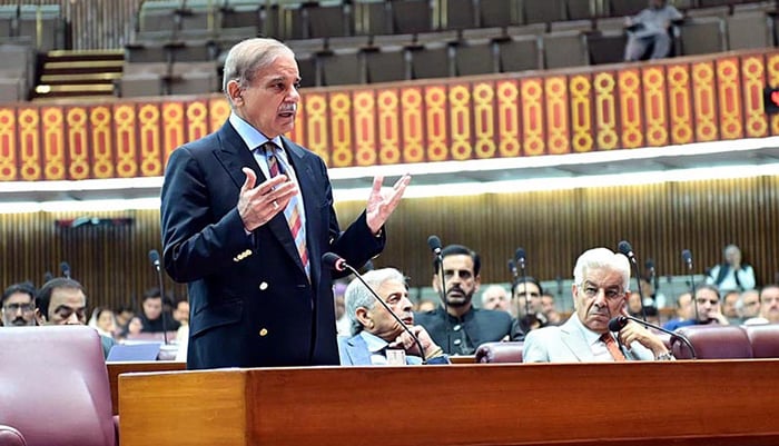 Prime Minister Shehbaz Sharif addresses a session of the National Assembly on April 17, 2023. — APP/File