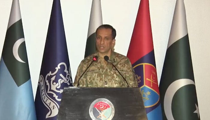 Inter-Services Public Relations Director General Maj-Gen Ahmed Sharif Chaudhry addresses the press conference in Rawalpindi on April 25, 2023, in this still taken from a video. — Twitter/@Mkashif976