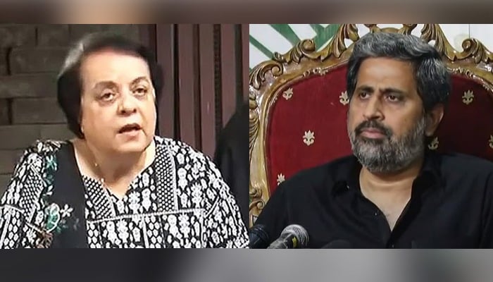 PTI leaders Shireen Mazari (left) and Fayyazul Chohan addressing press conferences in Islamabad, on May 23, 2023, in this still taken from a video. — YouTube/GeoNews