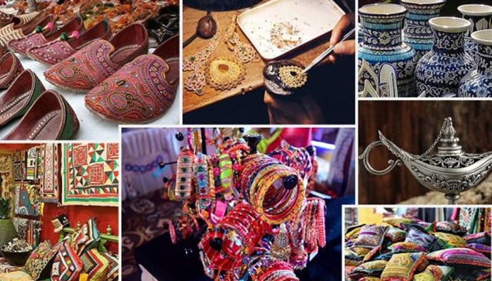 A photo collage showing different beautiful Pakistani handicrafts displayed at the exhibition in China. — APP