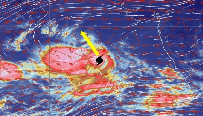 A satellite image of the cyclonic storm present in the Arabian Sea taken on Monday evening. — PMD/File