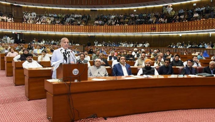 Pakistans prime minister-elect Shehbaz Sharif speaks after winning a parliamentary vote to elect a new prime minister, at the national assembly, in Islamabad, Pakistan April 11, 2022. — Reuters