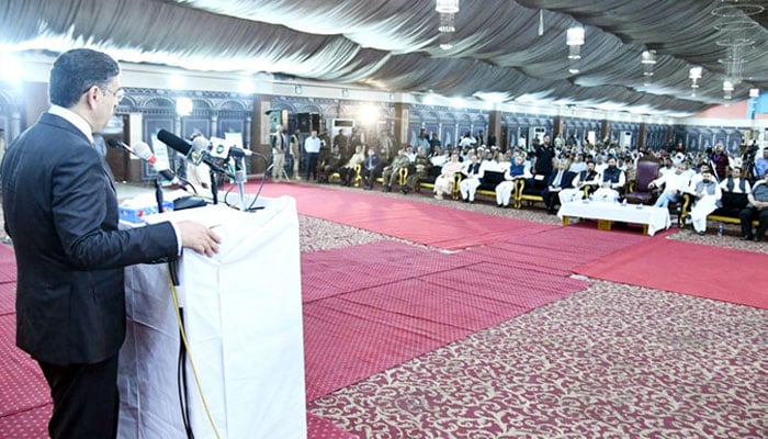 Caretaker Prime Minister Anwaar-ul-Haq Kakar addressing the Christian community in Jaranwala on Monday 21, 2023. — Radio Pakistan