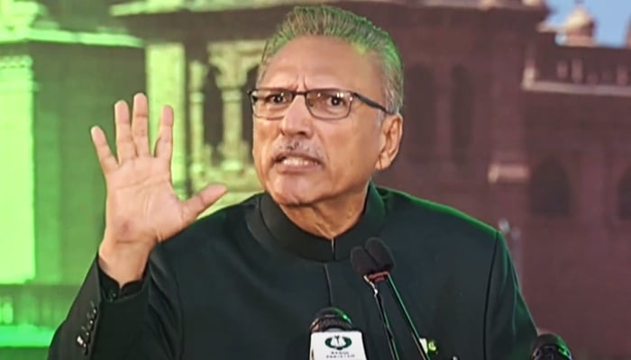 President Arif Alvi addresses nation after hoisting national flag at the main flag hoisting ceremony at the Convention Center in Islamabad, on August 14, 2023, in this still taken from  a video. — YouTube/PTVNewsLive