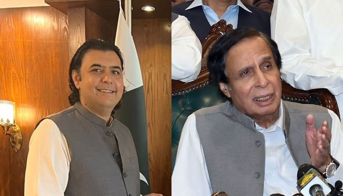 Former senator Mustafa Nawaz Khokhar (L) and PTI President Parvez Elahi. — X/@mustafa_nawazk/Online/Files