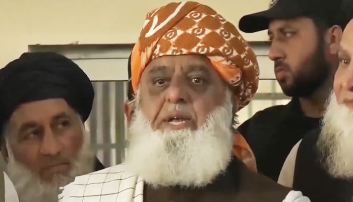JUI-F chief Maulana Fazlur Rehman addresses a press conference in this still taken from a video. — YouTube/Hun News