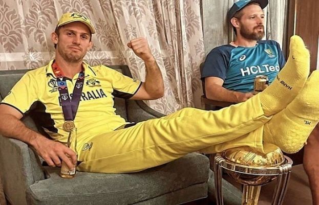 Marsh defends controversial act of resting feet on World Cup trophy