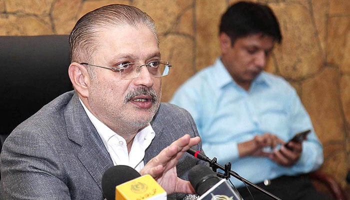 PPP leader and former Sindh information minister Sharjeel Memon addresses a press conference in Karachi on February 13, 2023. — APP